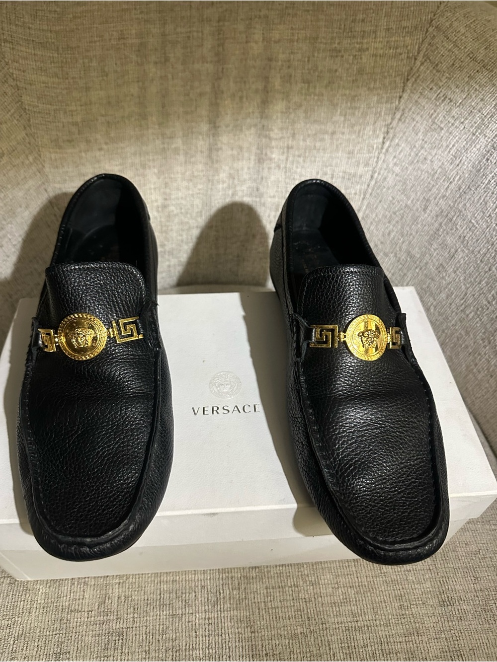Versace Black Leather Loafers with Gold Medusa Hardware